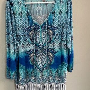 Chico's Turquoise 3/4 sleeve print tunic, Size 3
